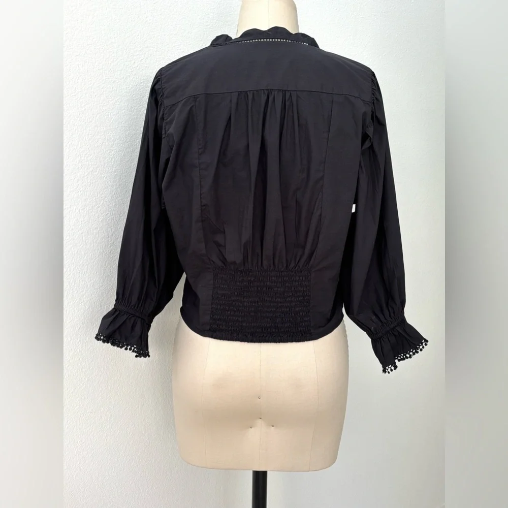Free People Louella Embroidered Top NWT Black Cotton Cropped Scalloped L